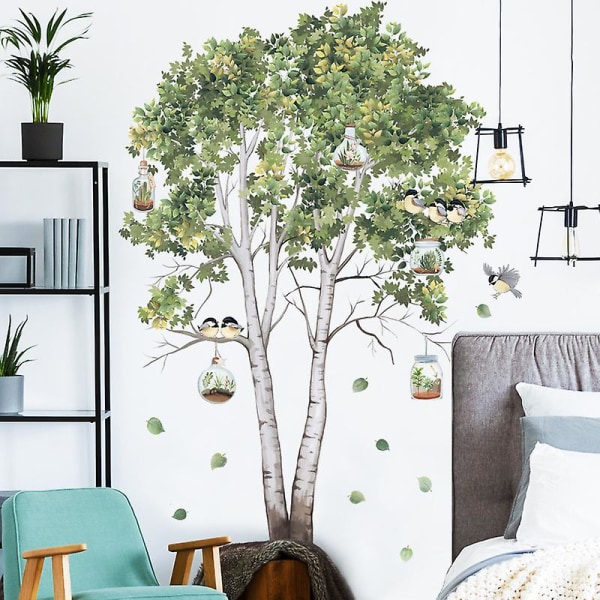 Tropiska växter Stort träd väggdekal med flygande fåglar, avtagbar fruktträd i pastoral stil, hängande korg för fågelbur, själv-konst väggmålningar för barnkammaren Liv black