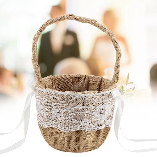 Lin og bomullsblomstjentekurv med blonder, hvit blomsterkurv for bryllup