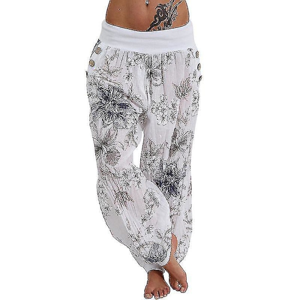 Dame XXL Hvide Trykte Oversize Harem Bukser med Vidde Ben