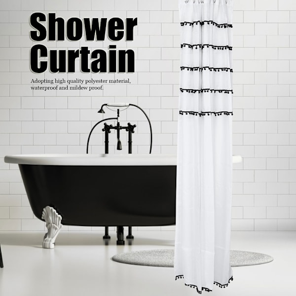 Elegant dusjforheng i svart og hvit polyester til baderom Vanntett muggsikker badgardin 180x200cm