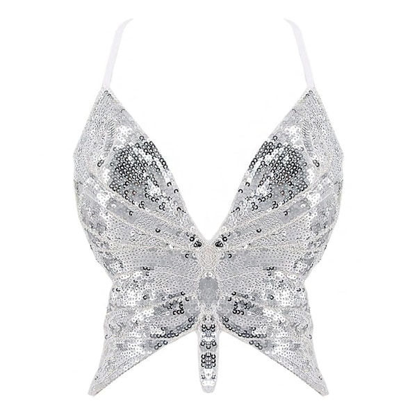 Butterfly Sequin Crop Top - Ryggløs V-hals Klubbkostyme - Festival BH-topp