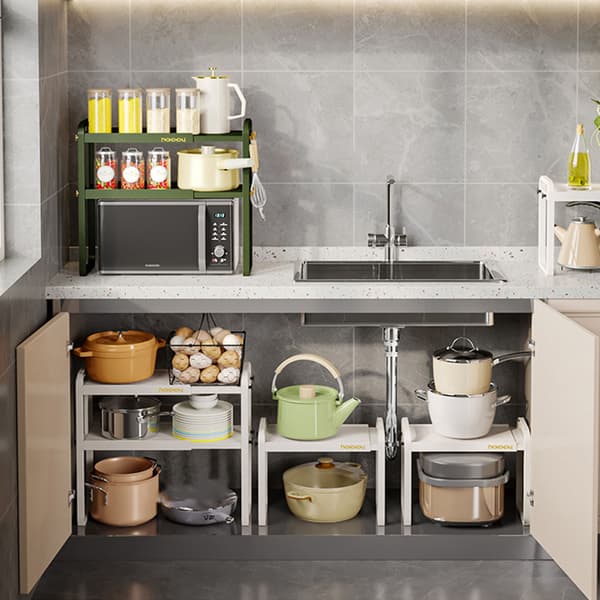 Countertop Kitchen Storage Rack White Plastic Double Layer Telescopic Kitchen Shelf Organizer for Home Stove Sink 8512 1