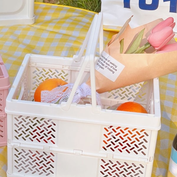 Foldbar piknikkurv Stabelbar oppbevaringsboks Plastmatkurv med håndtak for utendørs bruk melkehvit