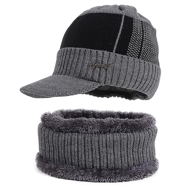 Män varmare vinter fleece fodrad utomhus stickade mössor Peaked Hat Scarf Set grey