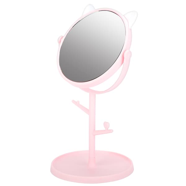 Trendy Cute Desktop Makeup Mirror Rotatable Household Mirror with Tray Cat Ear Pink