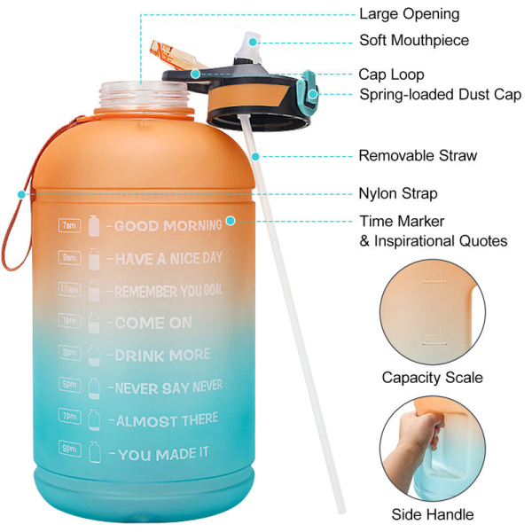 1 gallon vandflaske med tidsmarkør BPA GRATIS 3,78L sportsflaske med sugerør til kontor Gym Fitness Sports Camping Cykling, Model: GreenPurple