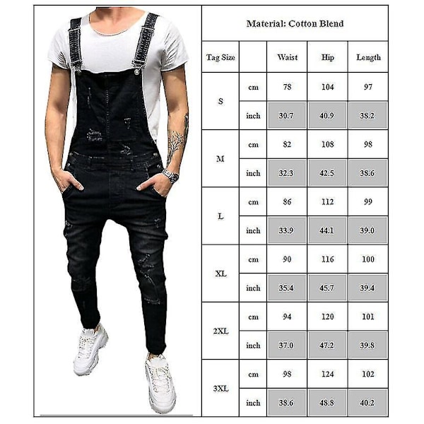 Ripped Denim Overalls Jumpsuits med fickor - Mörkblå 2XL för män