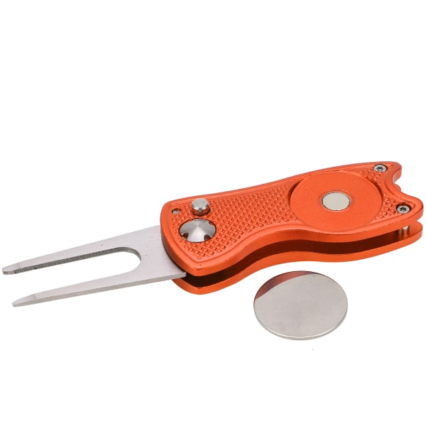 Golf Green Fork Rostfritt stål hopfällbart Golf Divot reparationsverktyg med knapp MagneticOrange