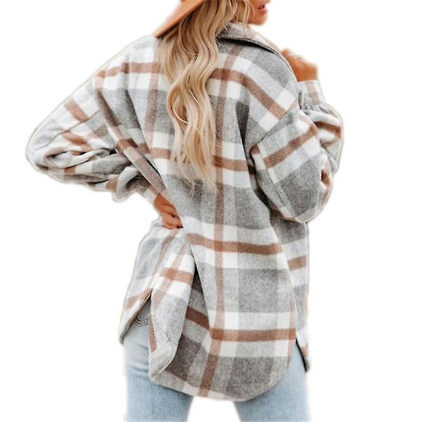 Afslappet Plaid Flannel Langærmet Skjortejakke med Lomme til Kvinder - Grå