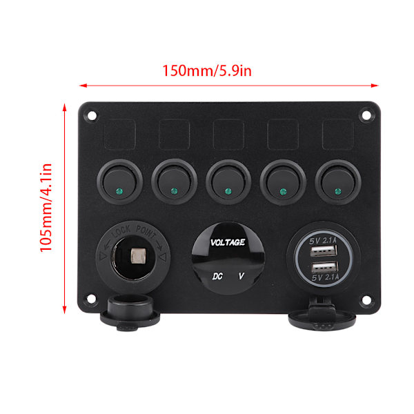 12-24V 5-Knap Vippestrømbryderpanel Dobbelt USB Voltmeter til Bilbåd Marin Lastbil Grøn LED