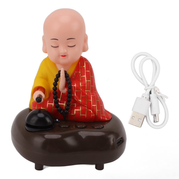 Liten munkfigur USB-lading 6 sanger Musikk LED-nikkende Kinesisk liten Buddha-munkstatu Bilpynt hjemmedekorasjoner