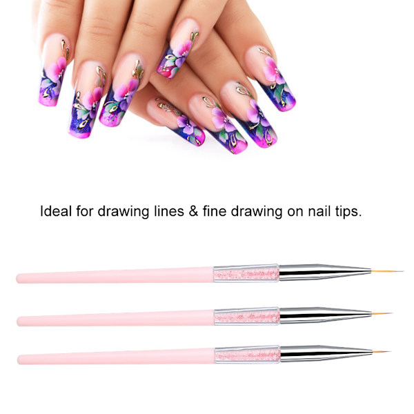 3 kpl Nail Art Dotting Liner -harja UV-geelimaalaus Kynä Piirustusvälineet Set Strass-kahva (Pinkki)