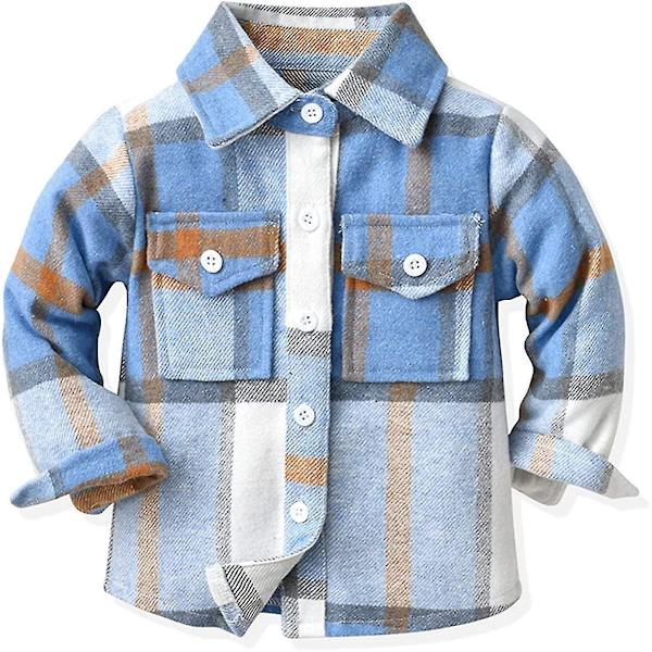Flannel Plaid Skjortejakke til småbørn | Langærmet reversknappet jakke | Efterårs- og vintertøj | 6-7 år | Blå