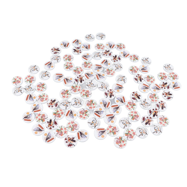 100 stk Blandet Trykk Treknapper 2 Hull Runde Dekorative Treknapper for Søm DIY Håndverk Tegneserie Trykk Fugl