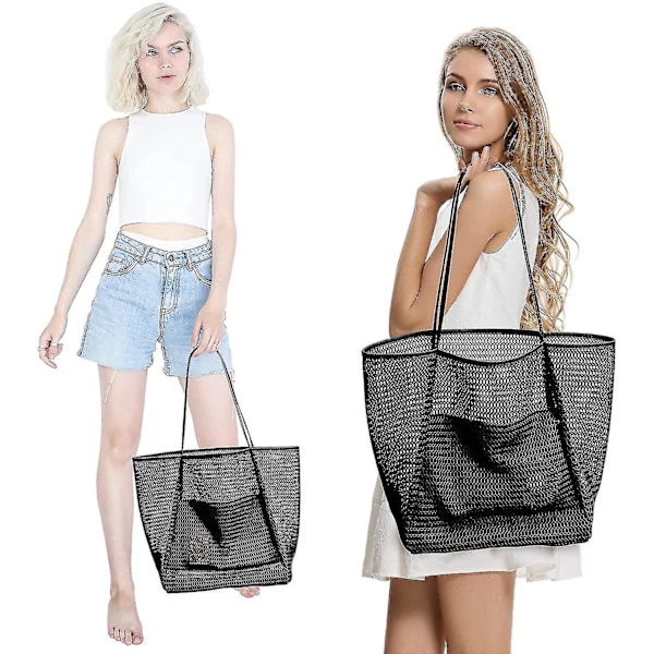 Stor Sort Mesh Strandtaske til Rejser, Picnic og Svømning
