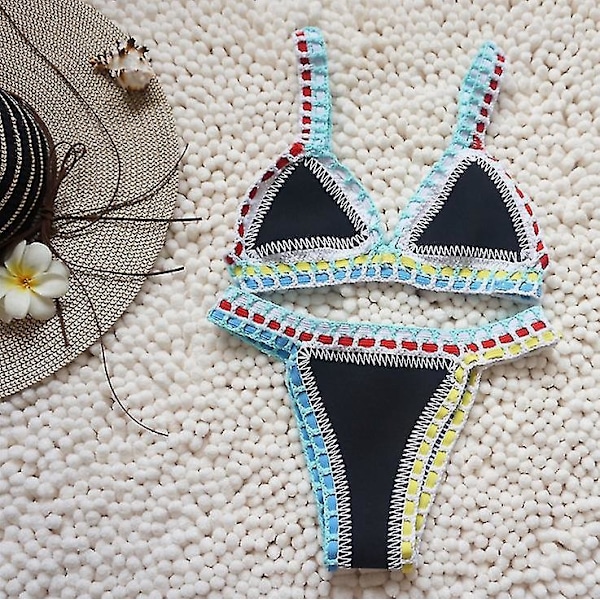 Boho Style Crochet Neoprene Bikini Set - Svart