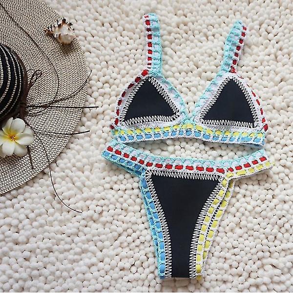 Boho Style Hæklet Neopren Bikini Sæt - Sort