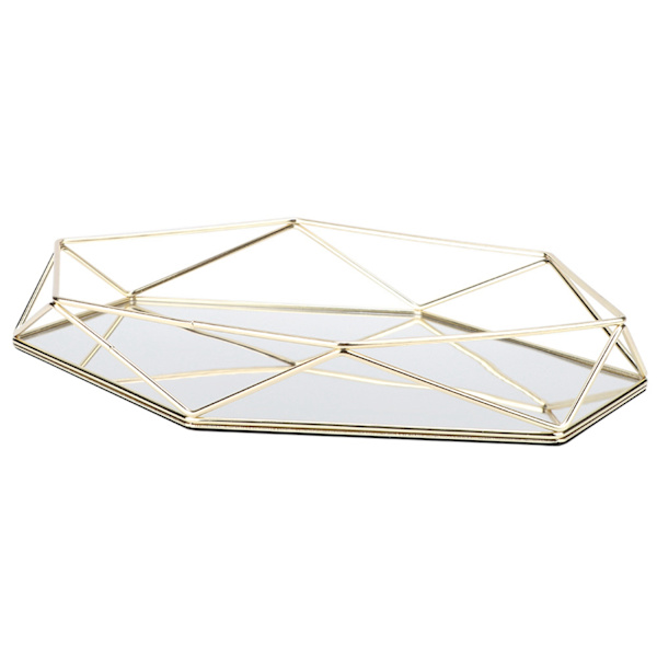Badrum Sexangle Spegel Metall Guld Kosmetiska Smycken Förvaring Organizer Bricka Box Platta
