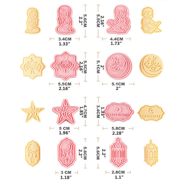Eid Mubarak Udstikkere Sæt 3D Ramadan Stempel Kageudstikkere til DIY Kage Prægning Bageværktøj