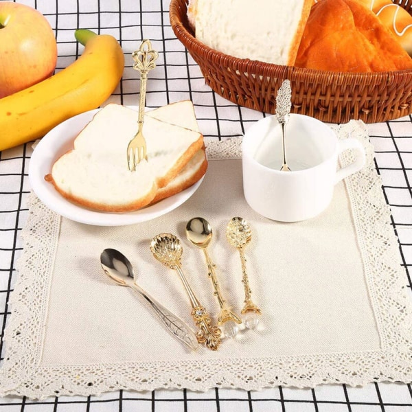 Retro europeisk stil palass servise sett med 6 gylne teskjeer fruktkake gaffel