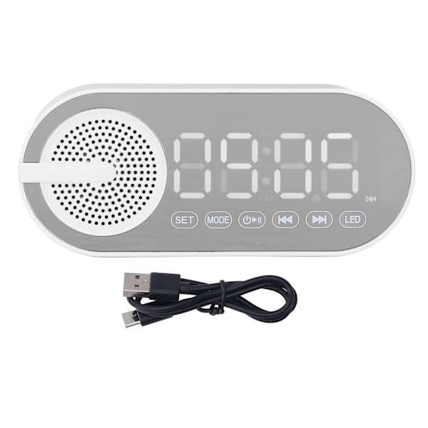 Bluetooth 5.0 Högtalare Spegelklocka Tung Bas FM Radio Uppladdningsbar Digital Väckarklocka med Färgglada Ljus Vit