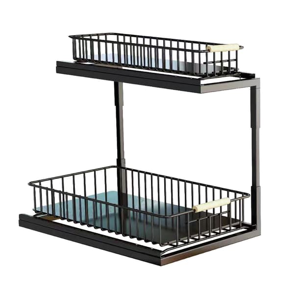 Under Sink Cabinet Shelf Multifunctional Pull-Out Double Layer Spice Rack Storage Sink Shelf for Bathroom Kitchen Black