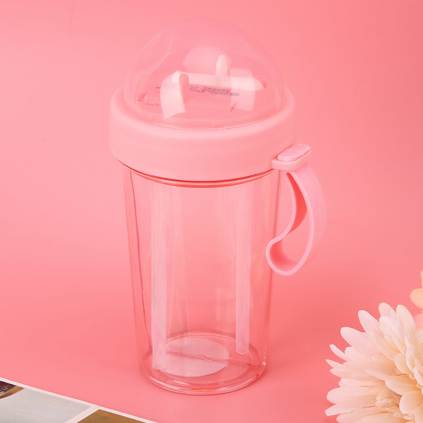 420 ml Bärbar två sugrör Utomhusresor Vattenflaska Läcksäker Sportdrinkflaska för dubbel användning (rosa)