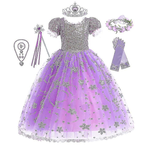 Lila prinsessa Rapunzel klänning för flickor - elegant festlig karnevalskostym, balklänning, Halloween-rollspel klänningsset (storlek 9-10 år)