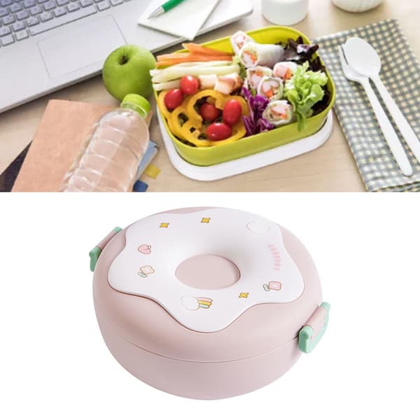 Bento Bowl Donut Shape Heatable with Lid Fork Spoon Plastic Lunch Container for Office School Pink
