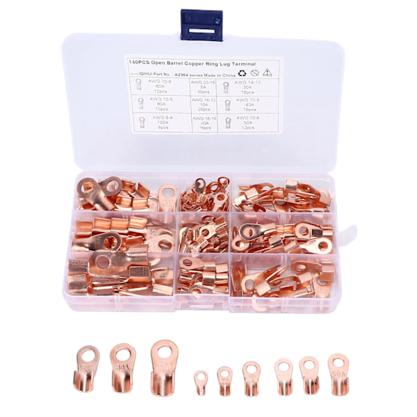 140 st Open Barrel Wire Crimp Terminal 9-Typ Koppar Ring Lugs Connector Universal för Bilar