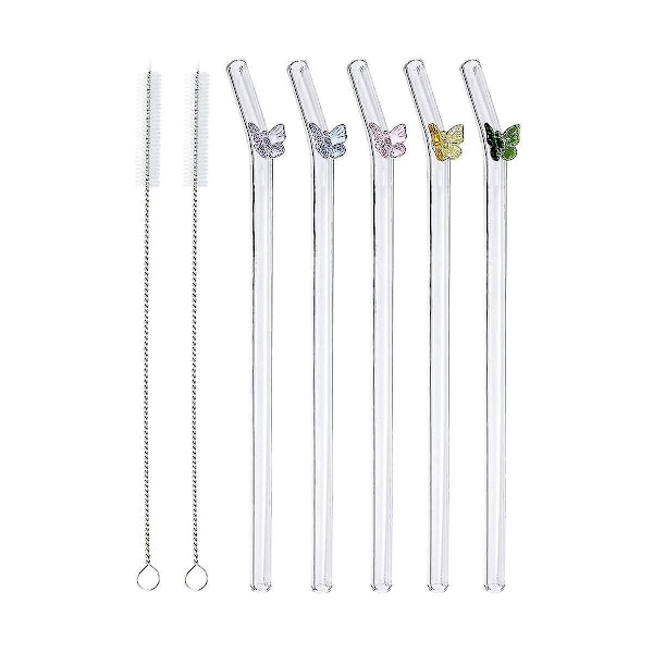 Återanvändbara glasstrån - Set om 5, färgglad fjärilsdesign, splittersäkert böjt