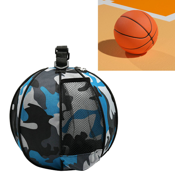 Rund Basketballbag Stor Kapasitet Vanntett Oxford-stoff Utendørs Sports Basketballbag med Elastisk Nettlomme Kamuflasje Blå