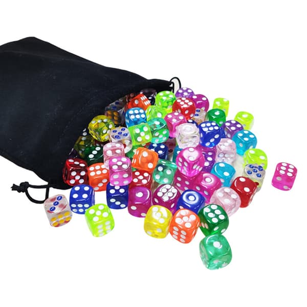 100 Pieces 16mm 6-Sided Dice Set Transparent Dice Set with Drawstring for Board Games and Teaching