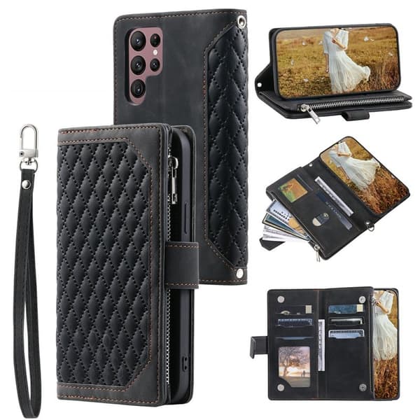 Samsung Galaxy S26 Ultra Wallet Case Rhombus Stitching Line Kunstlæder Sort