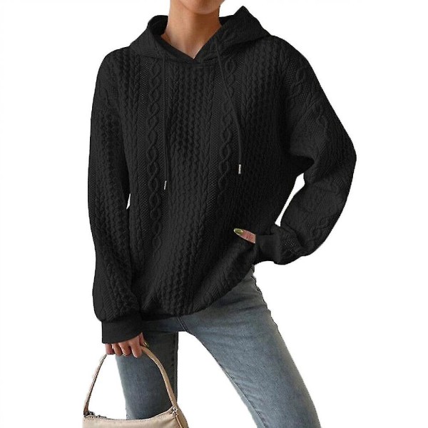 Trendy Dame Kabelstrik Hættetrøjer Sweater Casual Løs Langærmet Hættetrøje Sweatshirt Toppe Pullover black M
