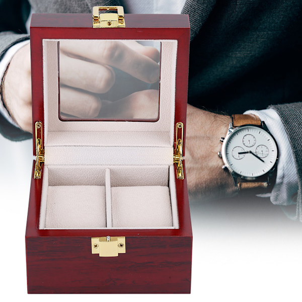 Trä 2 Grid Watch Display Box Transparent fönster Watch förvaringsbox (röd)