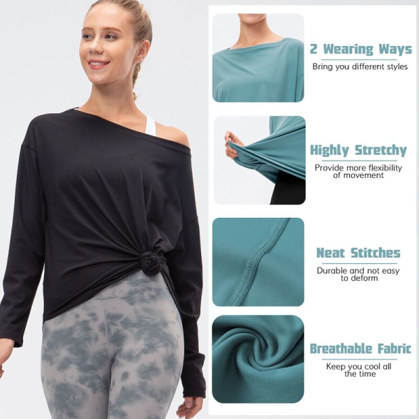 Träningströjor för kvinnor Lösa Snabbtorkande Långärmad Yoga T-shirt Modell: Svart 12 (XXL)