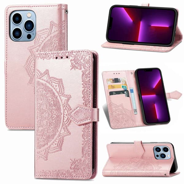 iPhone 13 Mini-deksel, rosegullfarget mandala-mønstret lærfutteral, moderne, magnetisk beskyttelse[LD]