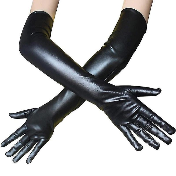 Seksikäs musta pitkä elastinen kiiltonahkakäsineet 54 cm tankotanssiesitys Halloween-asu Black