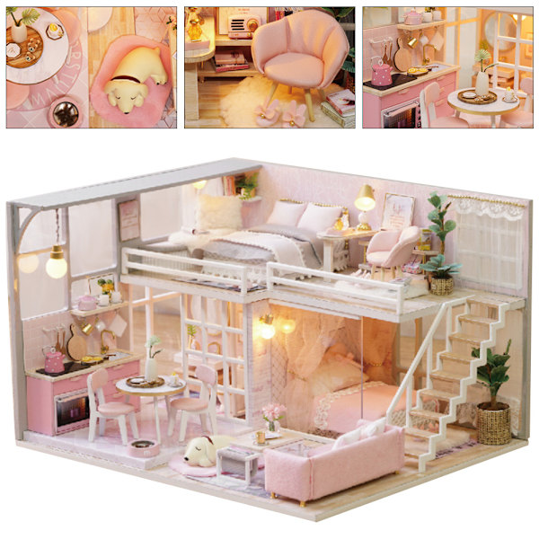 DIY håndlavet miniature rosa pige træ dukkehus model kit legetøj gave