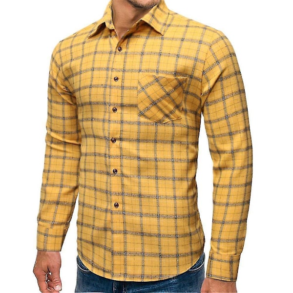Gul XL Menn Slim Fit Rutete Langærmet Casual Kontor Knapp-Opp Skjorte