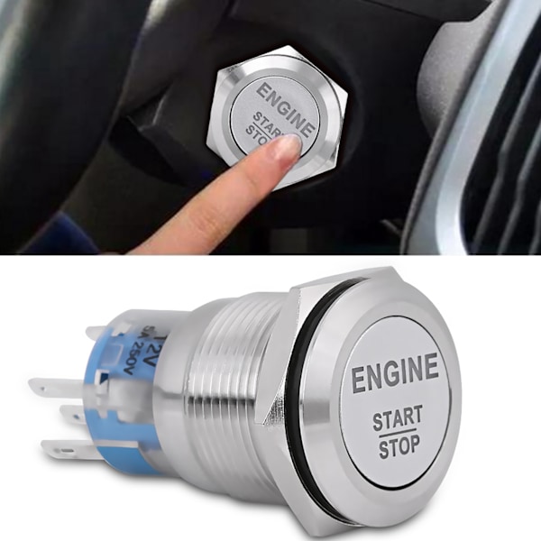 12V Hvid LED Bilmotor Start Stop Trykknapkontakt Sølv Rustfrit Stål