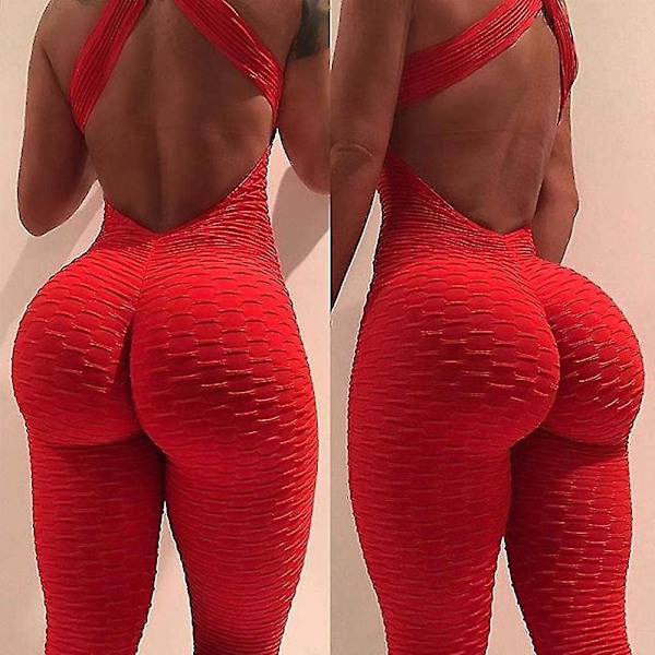 Yogadräkt för kvinnor | Hög midja Scrunch Butt Cross Back Gym Romper | Röd