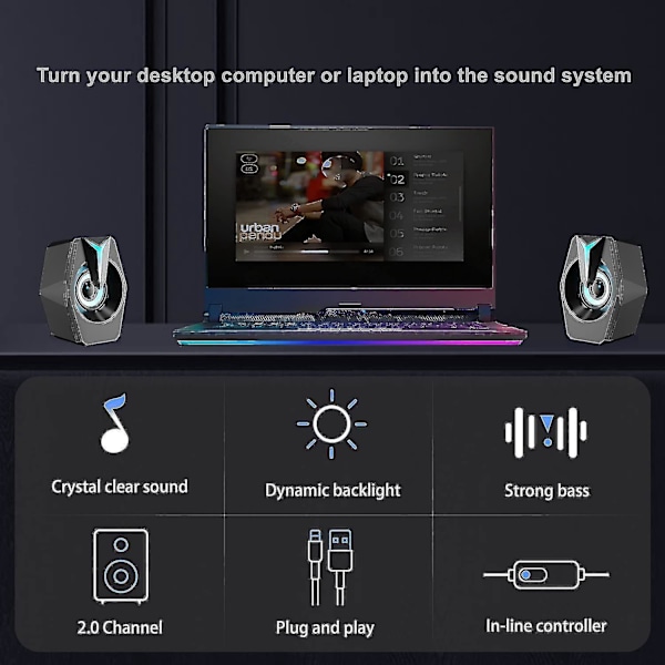 Stereo Gaming Datorhögtalare med 7 Färgade Ljus - USB och 3,5 mm Kompatibel