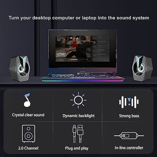 Stereokaiuttimet pelaamiseen, 7 värillisellä valolla - USB- ja 3,5 mm -yhteensopivat