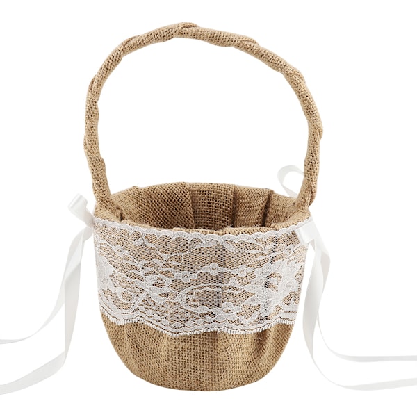 Lin og bomullsblomstjentekurv med blonder, hvit blomsterkurv for bryllup