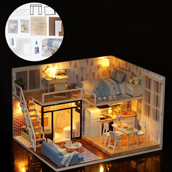DIY Miniatyr Modern Byggnadsmodell Trähus Montering Dockhus Kit Leksak Present