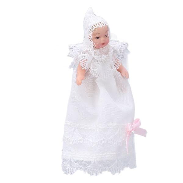 Mini keramisk babydocka 1/12 rörlig böjbar miniatyr babydockamodell med klänning för dockhustillbehör