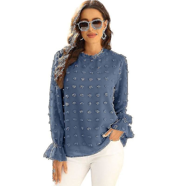 Chiffon volang krage blus, långärmad casual pullover topp för kvinnor, XL blå