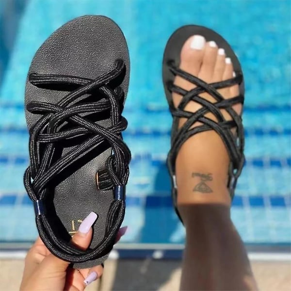 Kvinnor platt bekväma sandaler med öppen tå Cross-rem Slip On Shoes Summer Beach Tofflor black 36